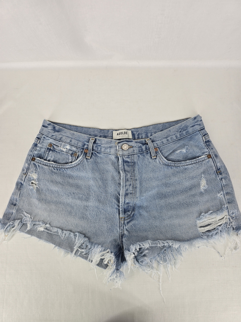 Agolde Light Wash High-Rise Distressed Denim Shorts
